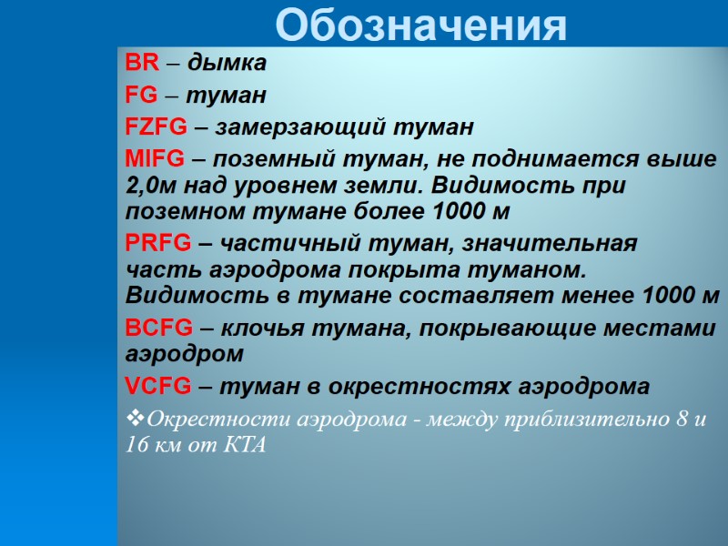 Обозначения BR – дымка FG – туман FZFG – замерзающий туман MIFG – поземный
